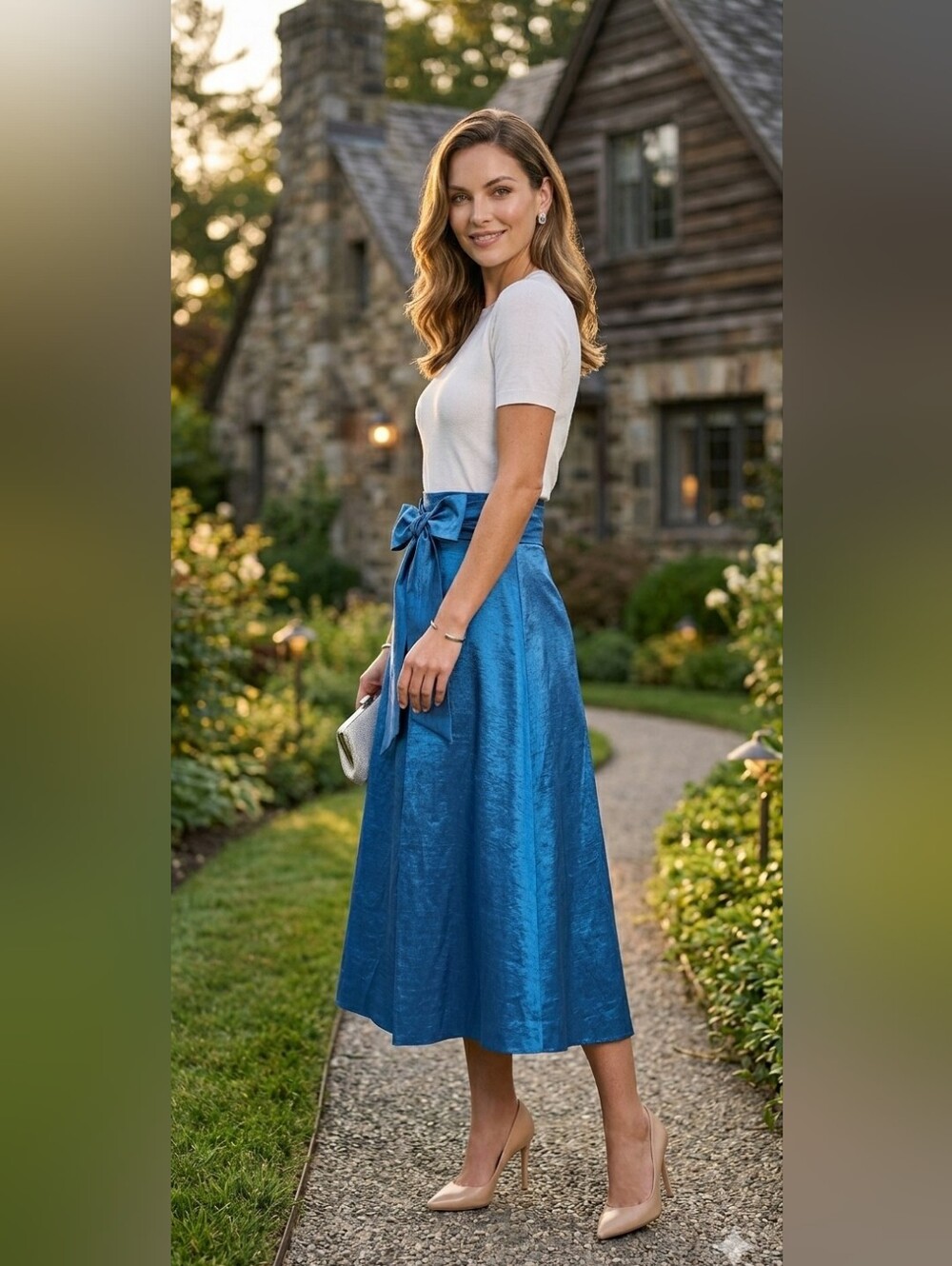 Preston & York Shiny Royal Blue Tie-Waist A-Line Skirt